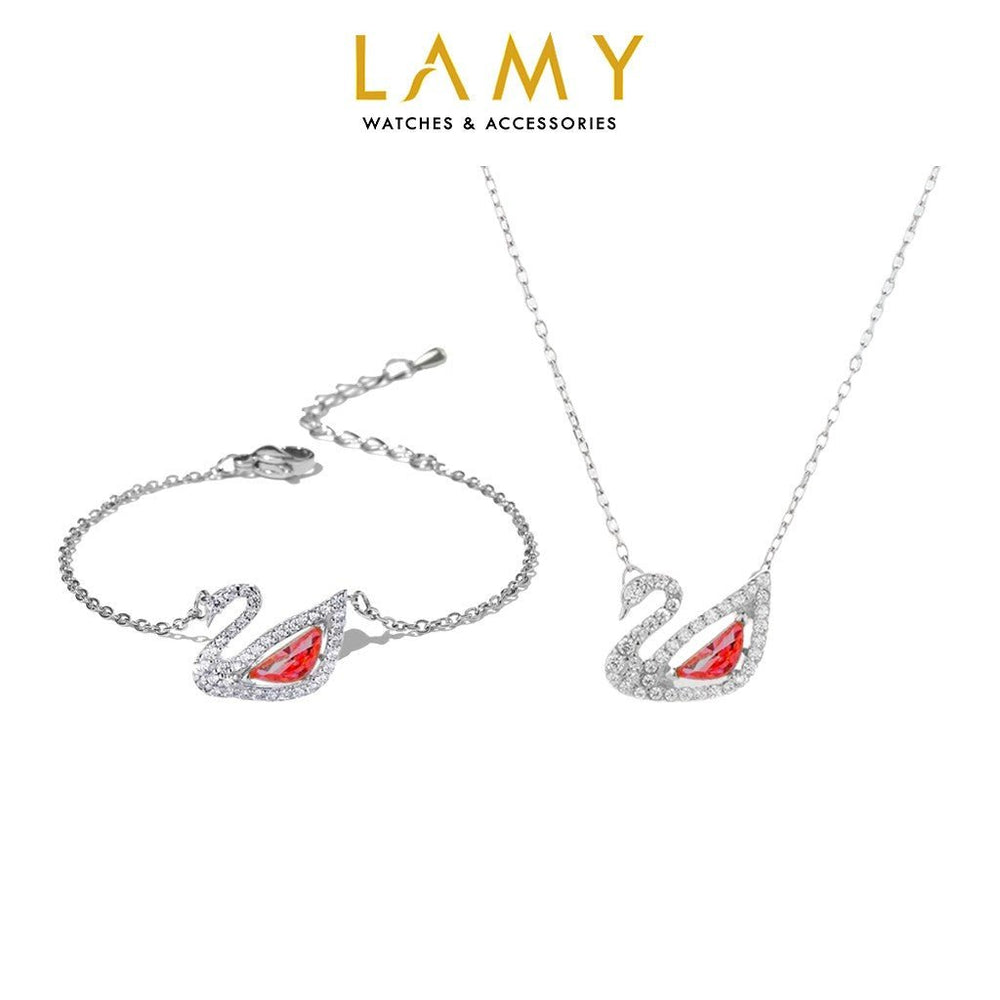 Crystal Swan Necklace & Bracelet Set Silver Red