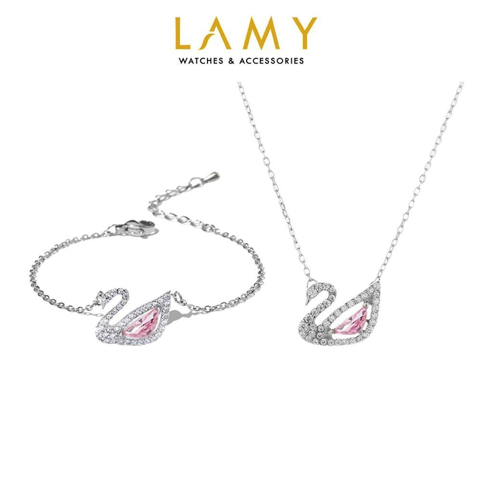 Crystal Swan Necklace & Bracelet Set Silver Pink