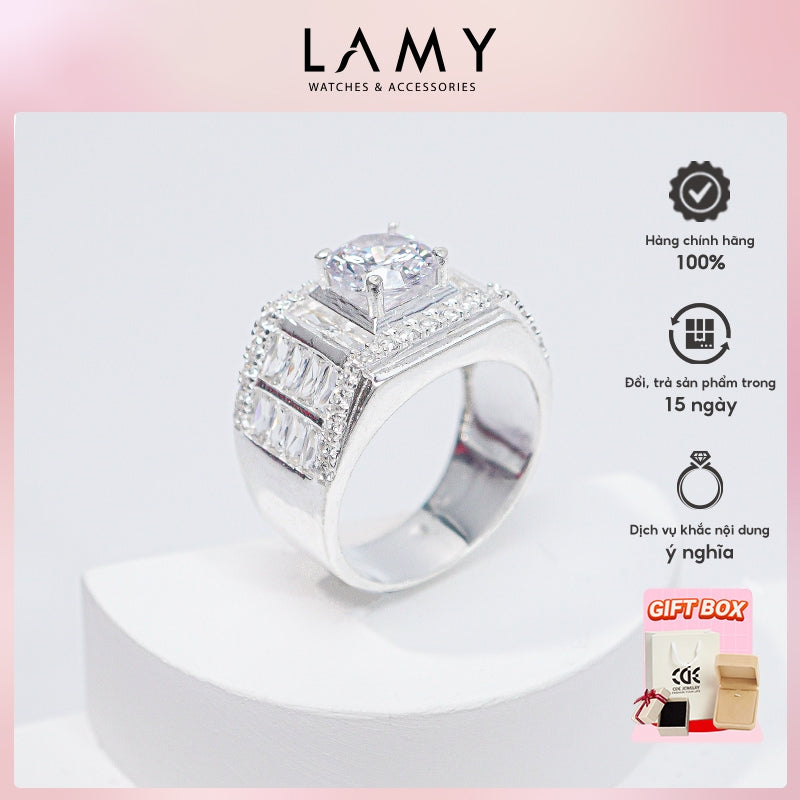 Nhẫn bạc nam CDE Round Cut White Stone Men's Silver Ring CDE8364- Nhẫn bạc ta