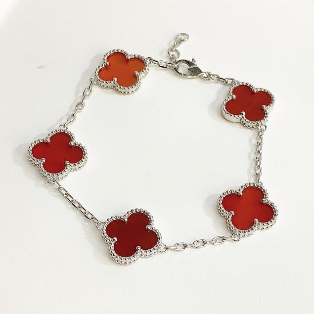 Milgrain Four Leaf Clover Bracelet Silver Red