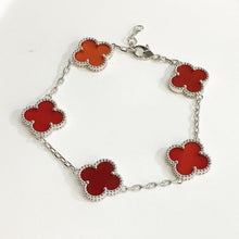Milgrain Four Leaf Clover Bracelet - Bạc, đá đỏ