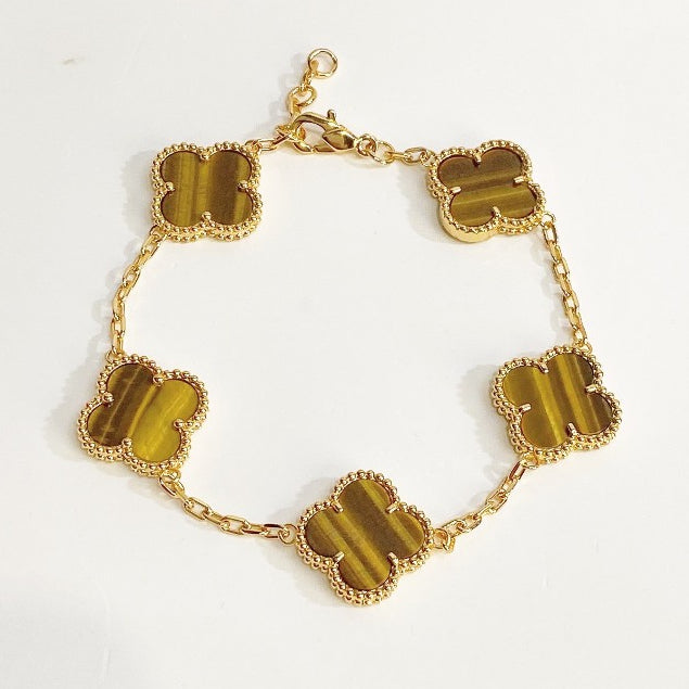 Milgrain Four Leaf Clover Bracelet Gold Tiger's Eye