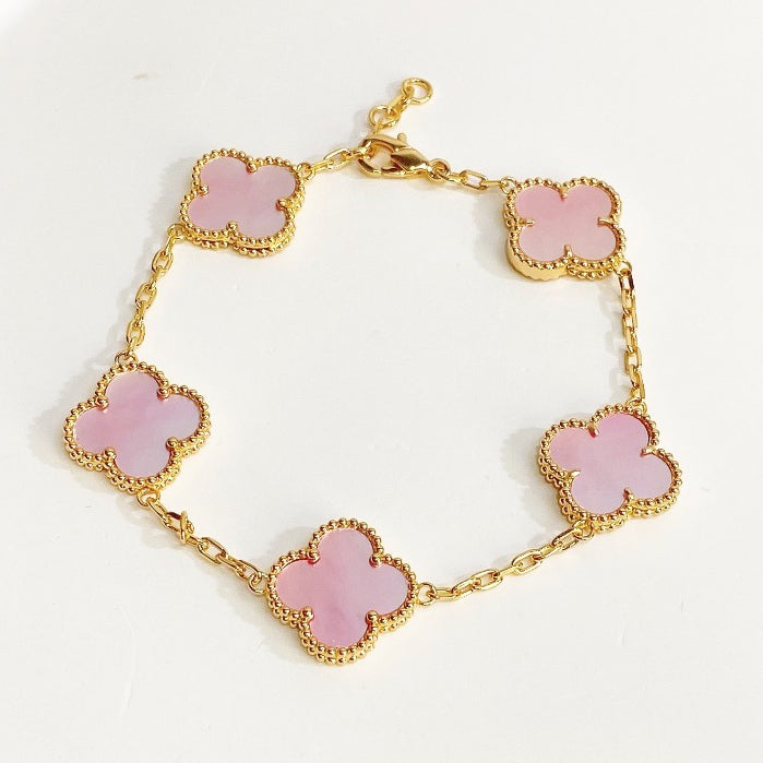 Milgrain Four Leaf Clover Bracelet Gold Pink
