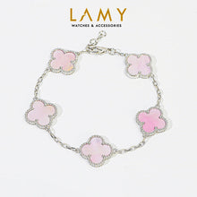 Milgrain Four Leaf Clover Bracelet - Bạc, đá hồng