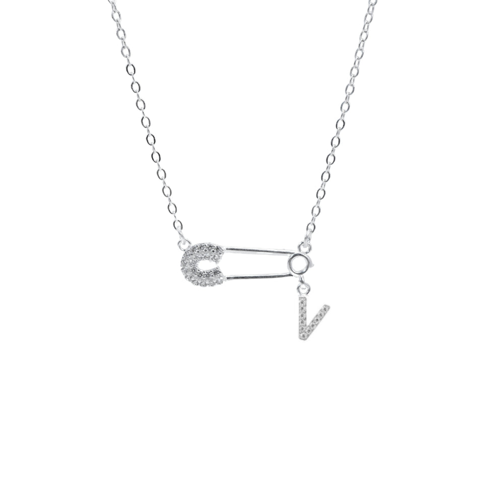 Safety Pin Initial Necklace Letter V