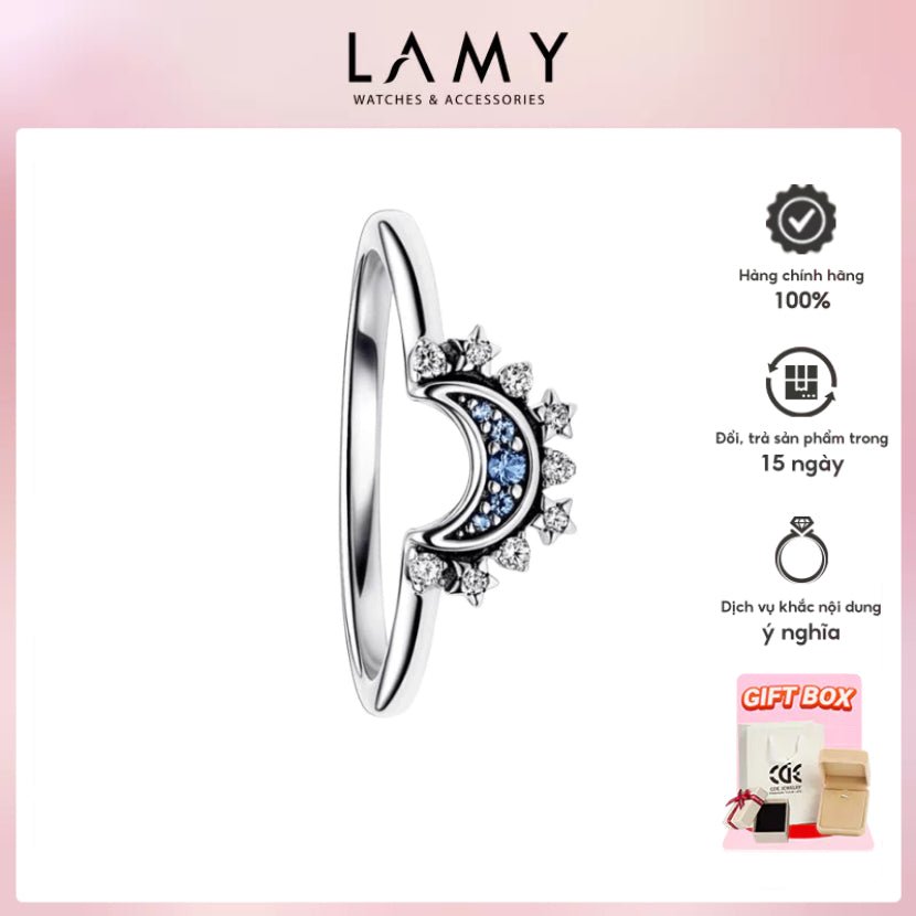 Celestial Blue Sparkling Moon Ring Silver