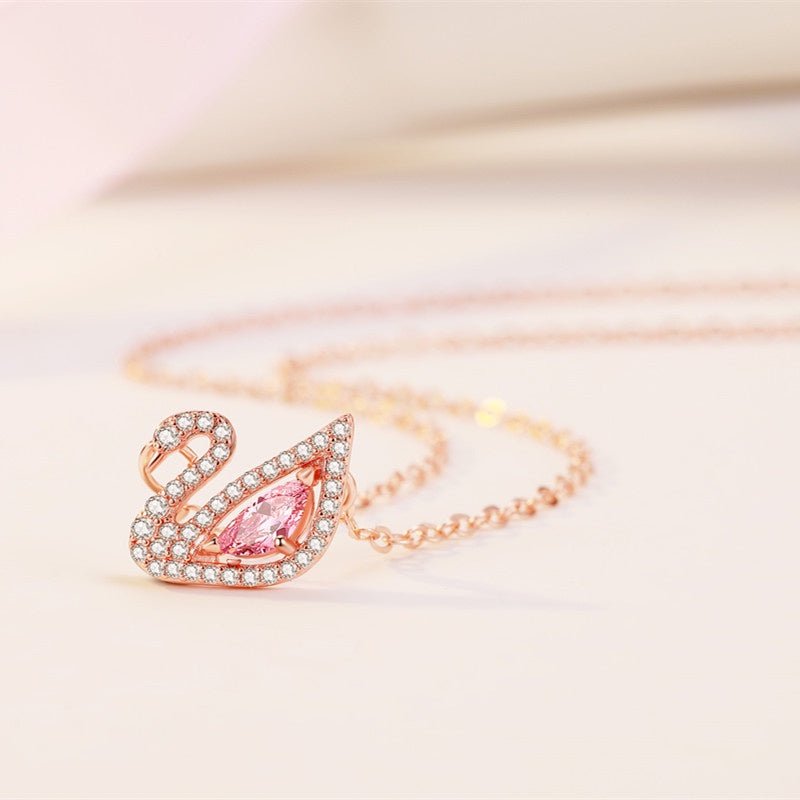 Crystal Swan Necklace Rose Gold Pink