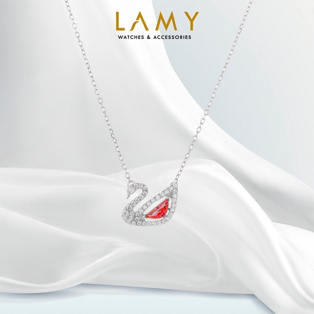 Crystal Swan Necklace Silver Red