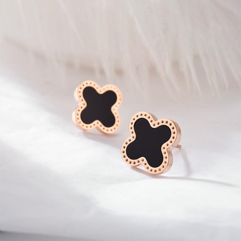 Lucky Four Leaves Earrings Rose Gold Black