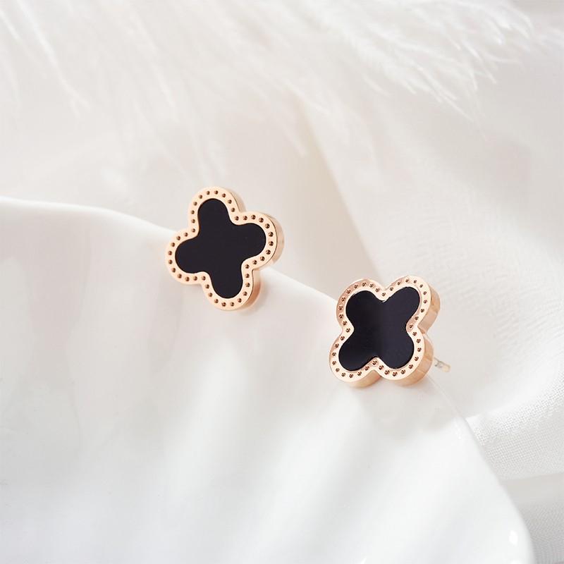 Lucky Four Leaves Earrings Rose Gold Black